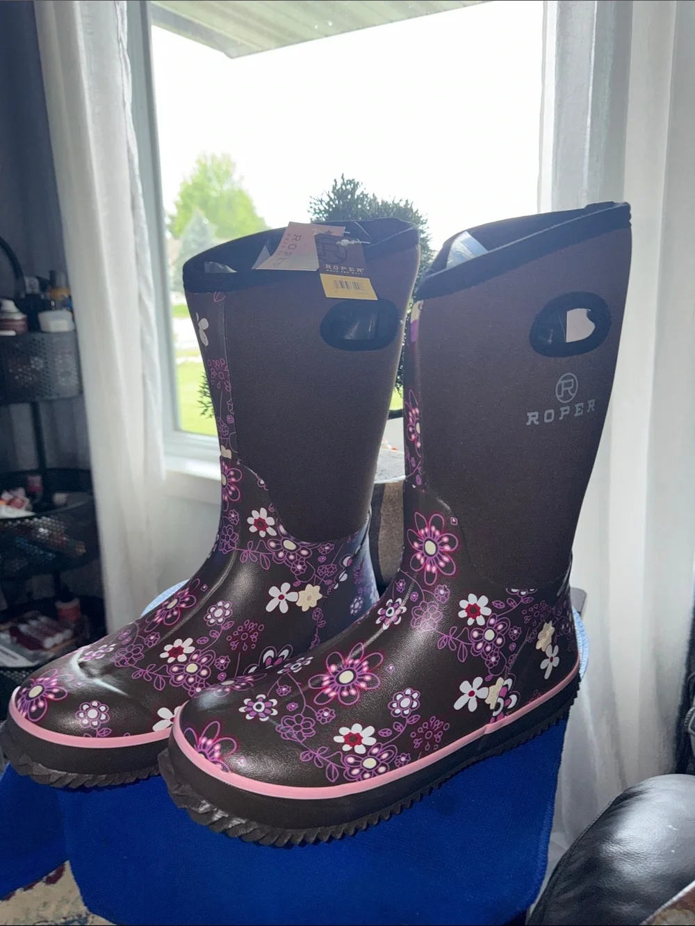 Roper Brown Rain Boots with Pink Floral Print